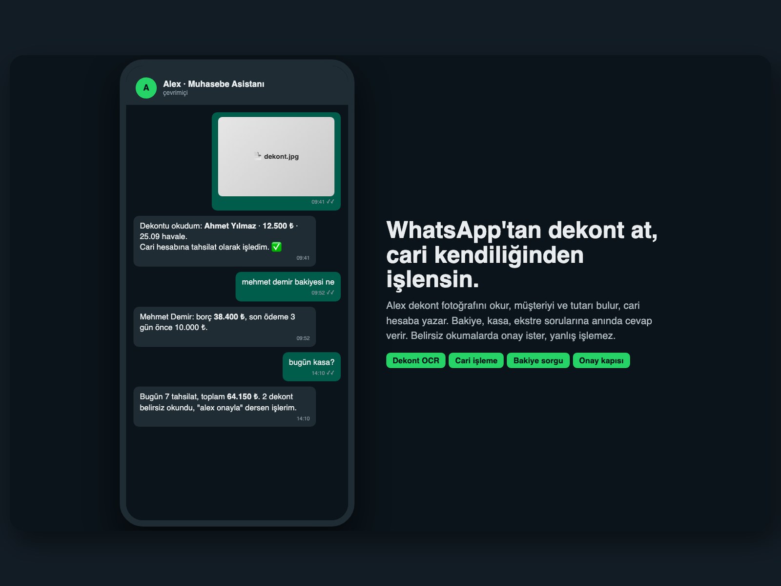 Alex: WhatsApp'tan dekont okuyan muhasebe asistanı
